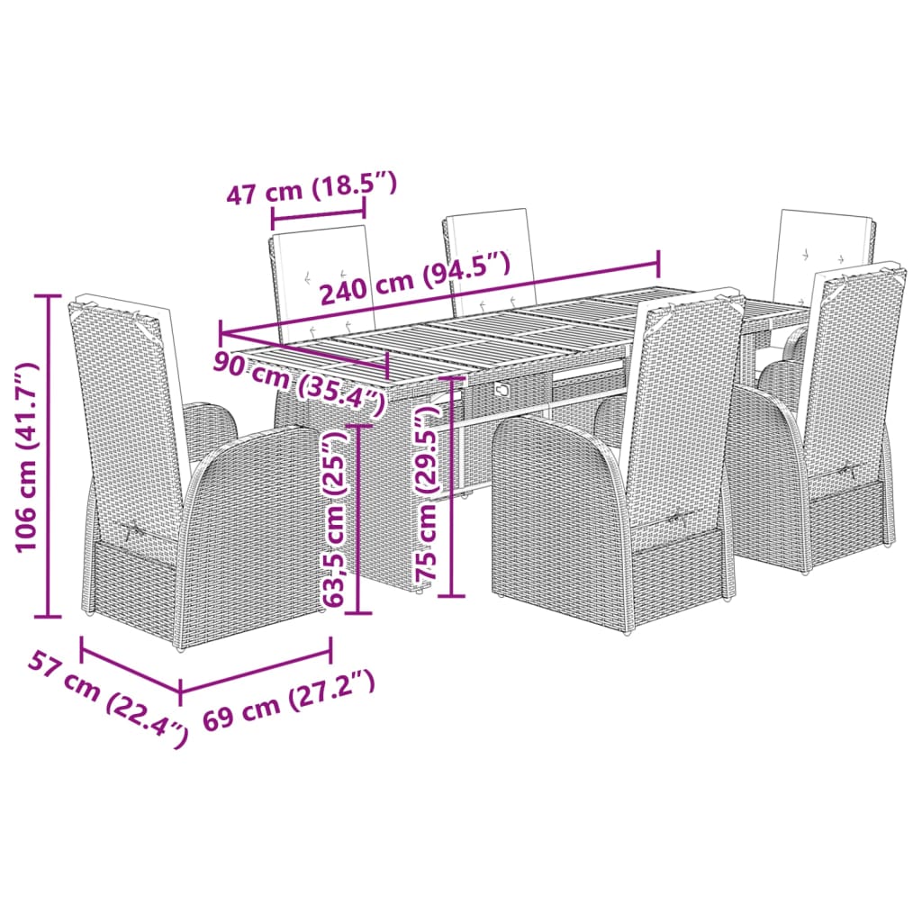 vidaXL 7 Piece Garden Dining Set with Cushions Grey Poly Rattan
