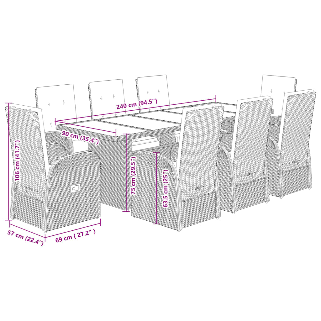 vidaXL 9 Piece Garden Dining Set with Cushions Grey Poly Rattan