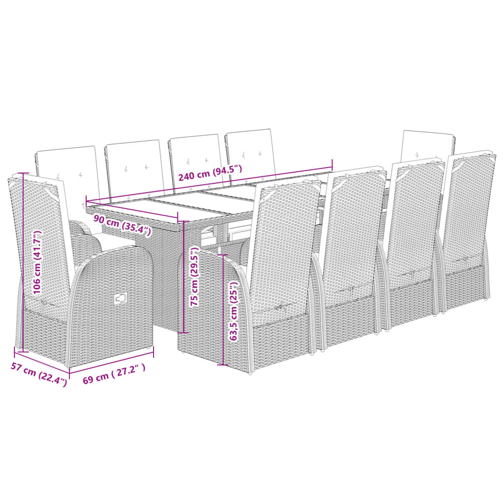 vidaXL 11 Piece Garden Dining Set with Cushions Grey Poly Rattan
