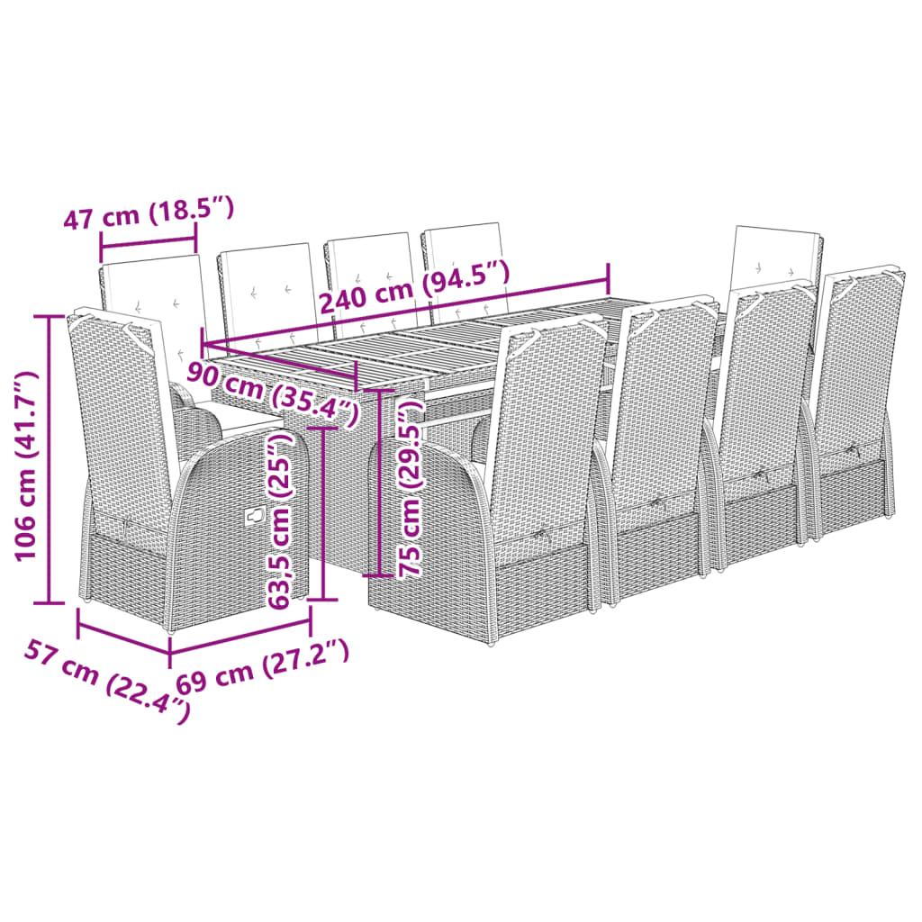 vidaXL 11 Piece Garden Dining Set with Cushions Grey Poly Rattan