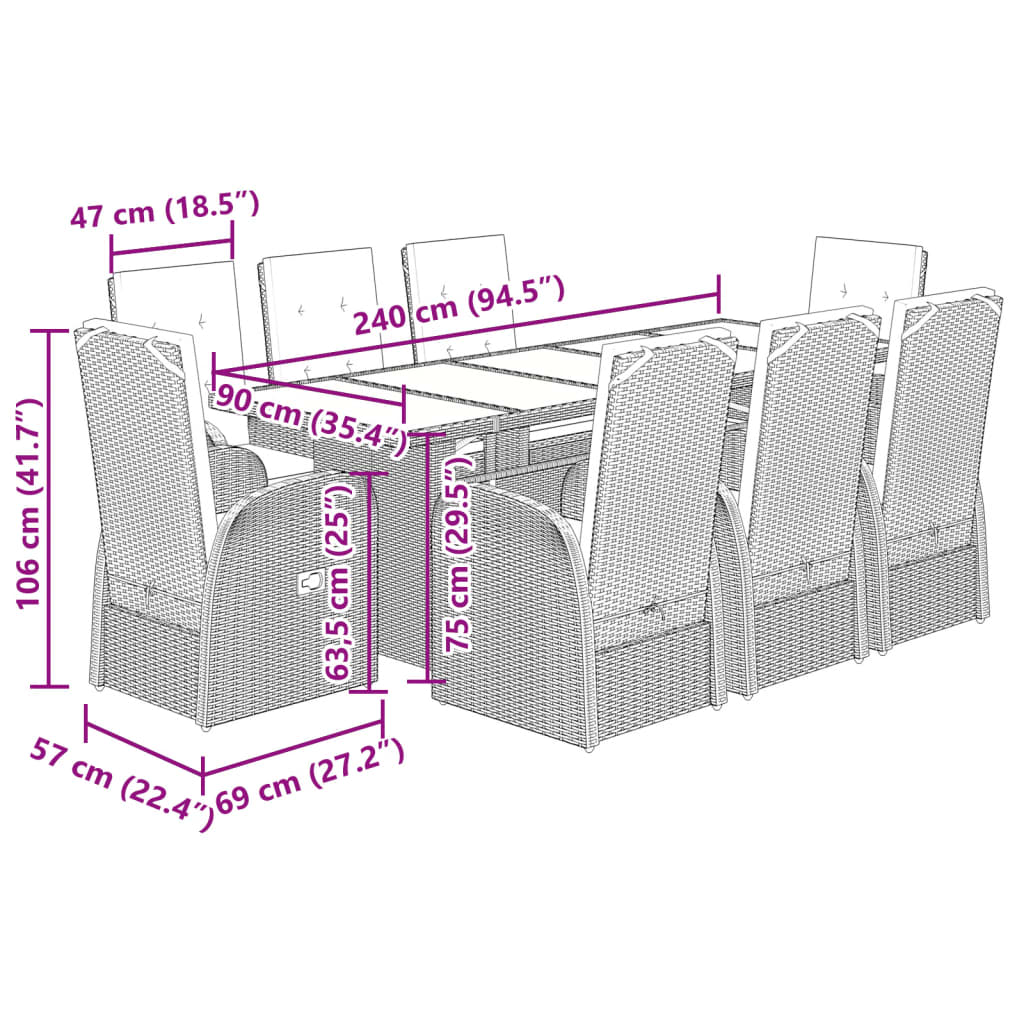 vidaXL 9 Piece Garden Dining Set with Cushions Grey Poly Rattan