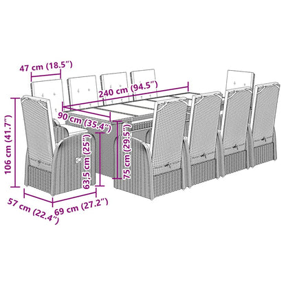 vidaXL 11 Piece Garden Dining Set with Cushions Grey Poly Rattan