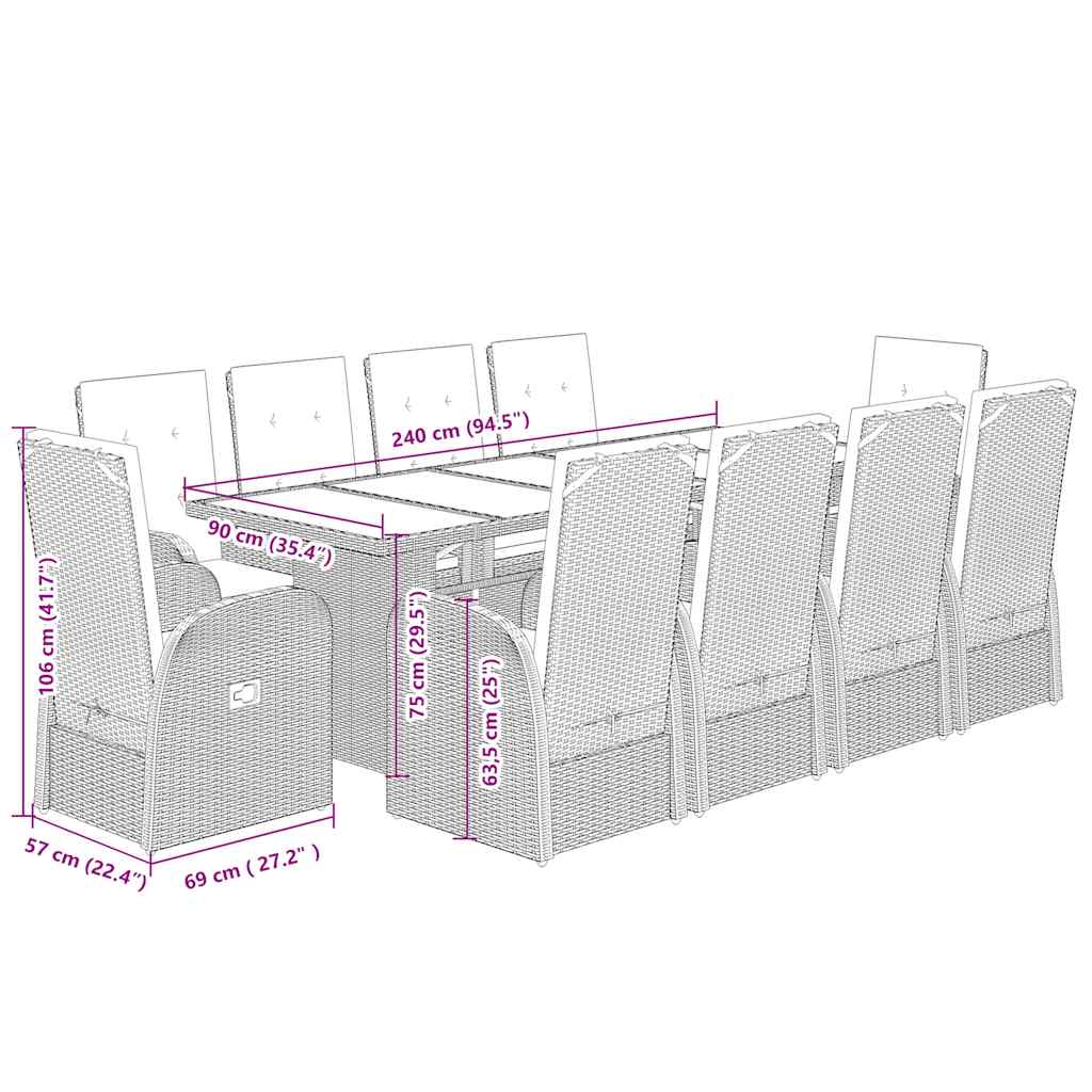 vidaXL 11 Piece Garden Dining Set with Cushions Grey Poly Rattan
