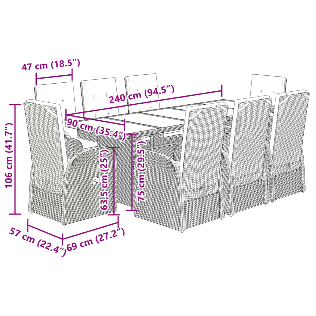 vidaXL 9 Piece Garden Dining Set with Cushions Grey Poly Rattan