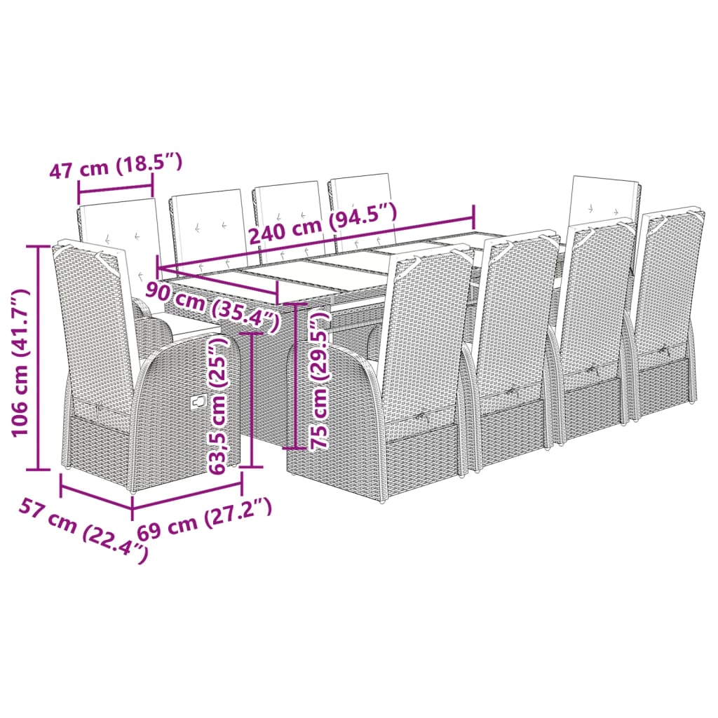 vidaXL 11 Piece Garden Dining Set with Cushions Grey Poly Rattan