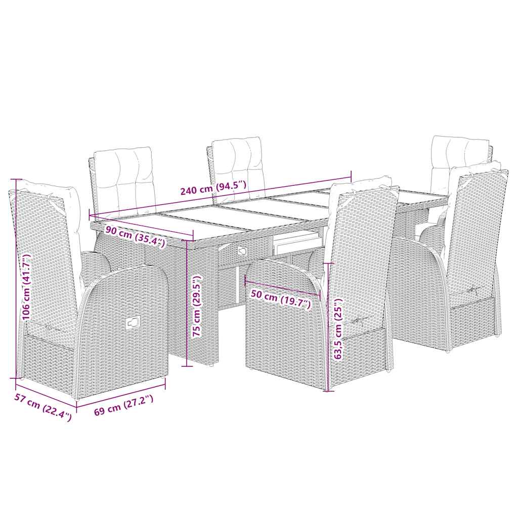 vidaXL 7 Piece Garden Dining Set with Cushions Black Poly Rattan