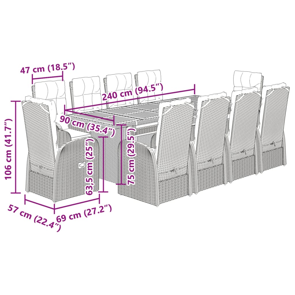 vidaXL Garden Dining Set | Black | Poly Rattan | 10-seater | Removable Covers