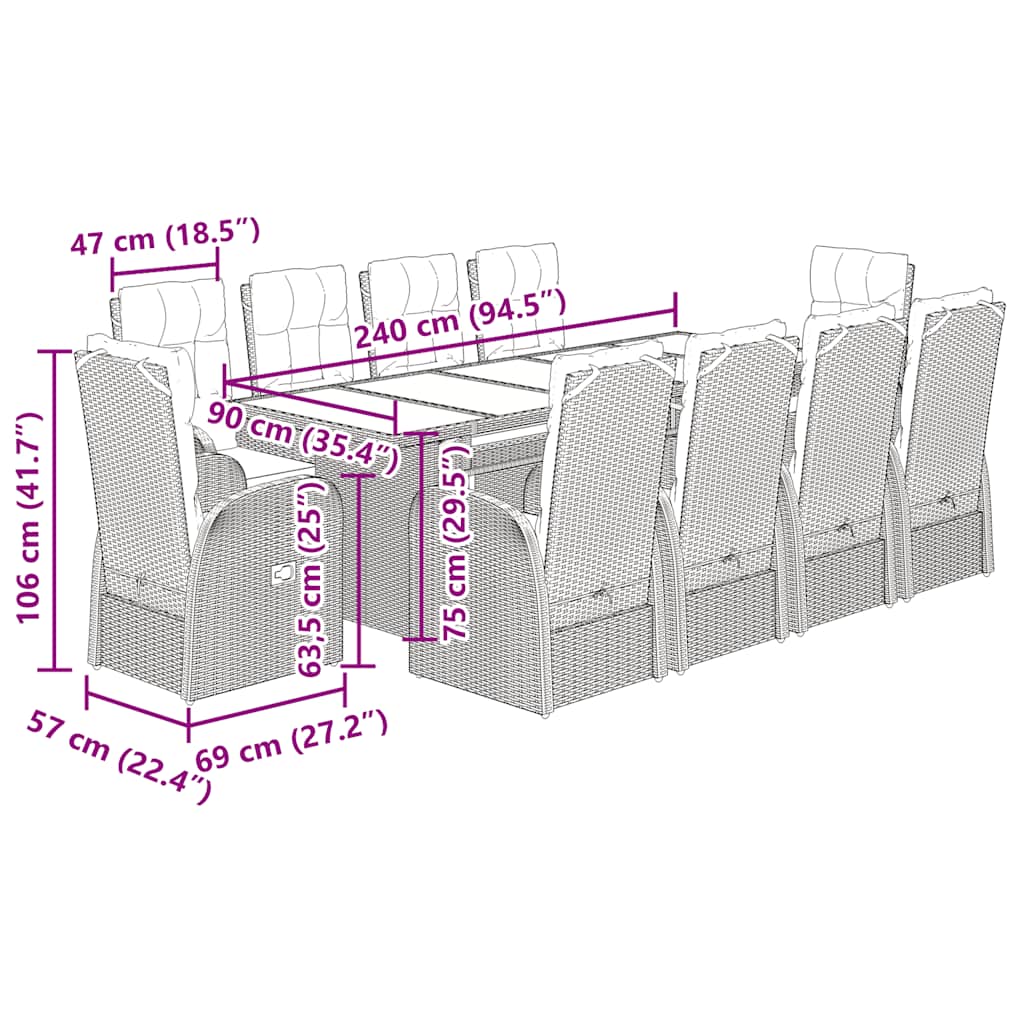vidaXL 11 Piece Garden Dining Set with Cushions Black Poly Rattan