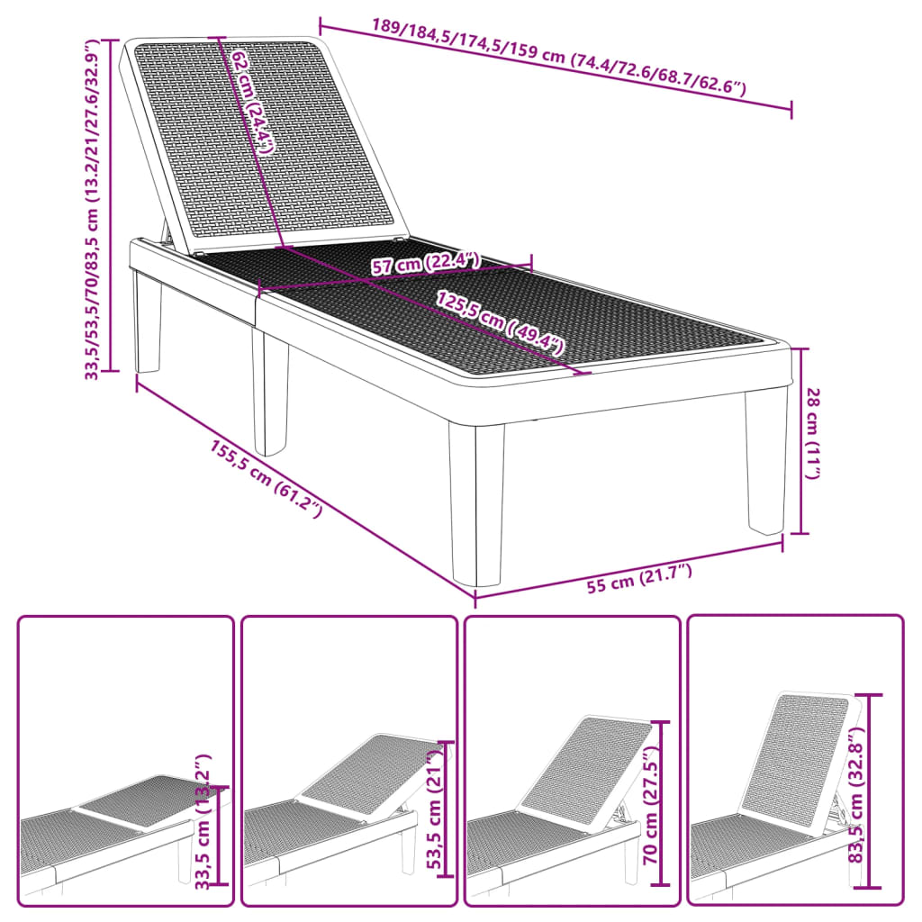vidaXL 4-Way Height Adjustable Sun Lounger 155.5x57x28cm Polypropylene