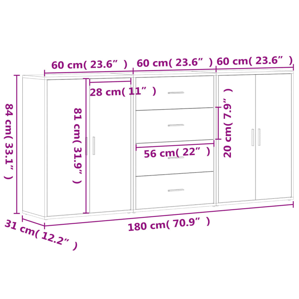 vidaXL Sideboards 3 pcs Concrete Grey 60x31x84 cm Engineered Wood