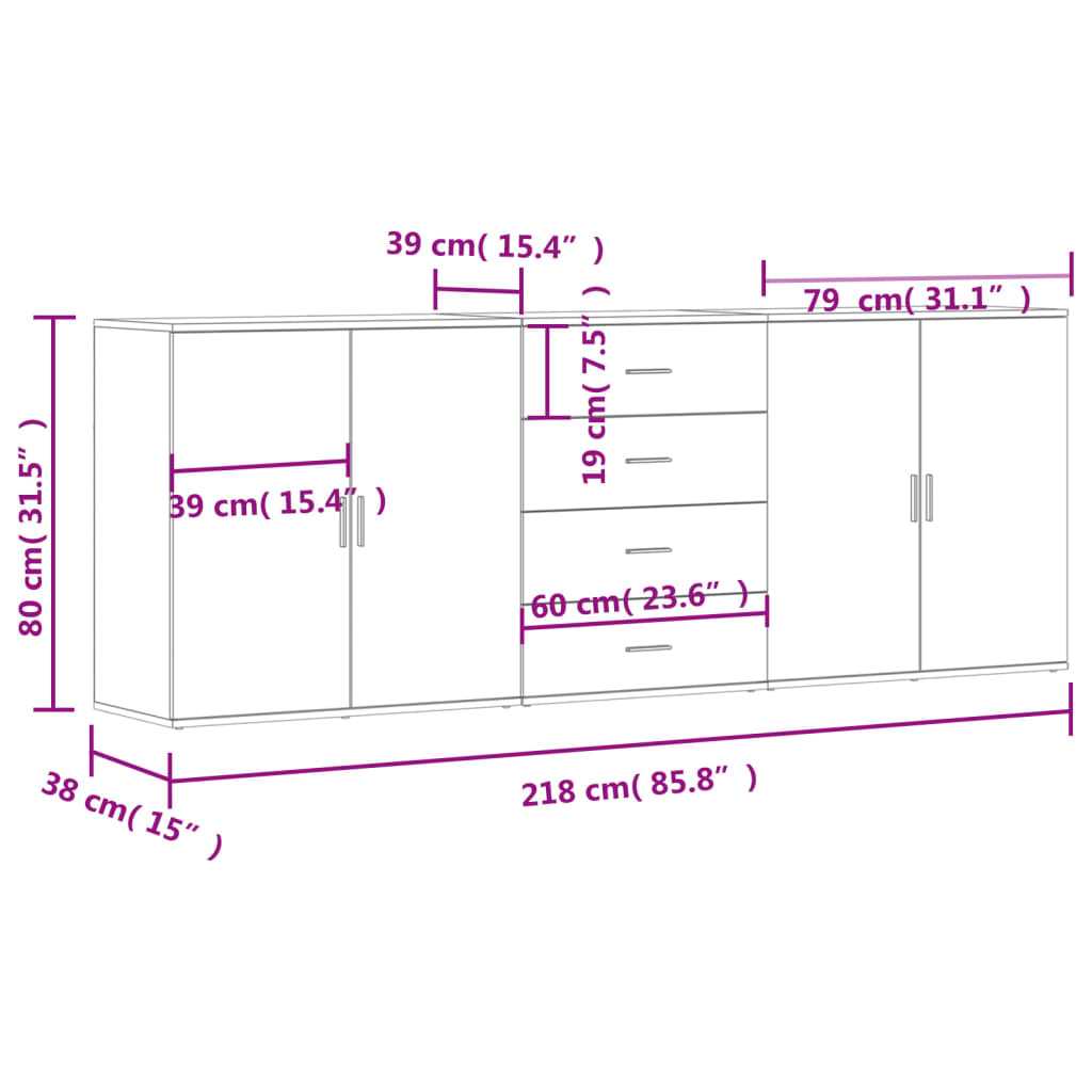 vidaXL Sideboards 3 pcs Smoked Oak Engineered Wood