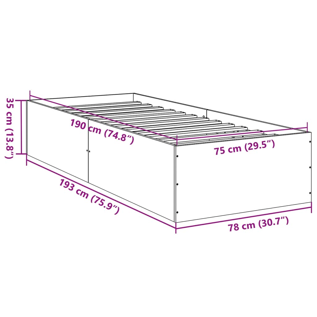 vidaXL Bed Frame without Mattress Brown Oak 75x190 cm Small Single Engineered Wood