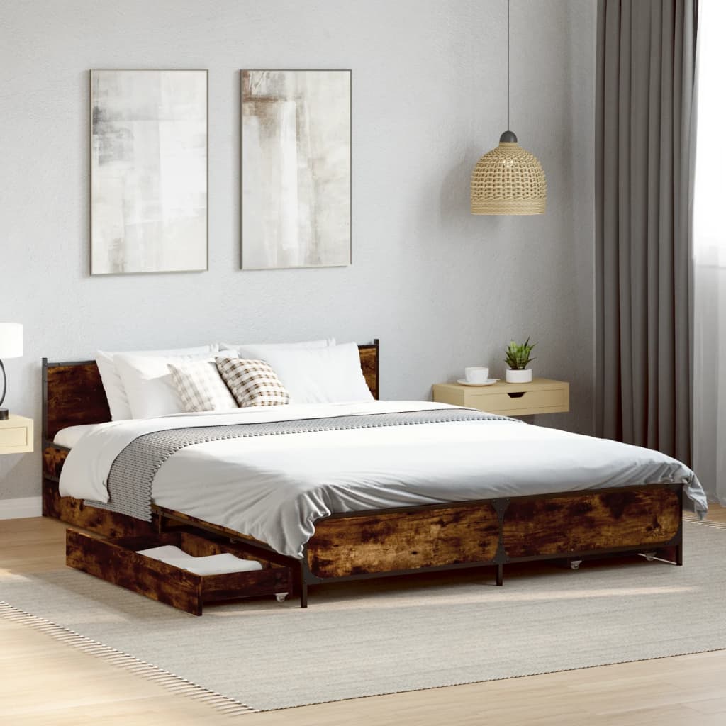vidaXL Bed Frame with Drawers without Mattress Smoked Oak 135x190 cm Double