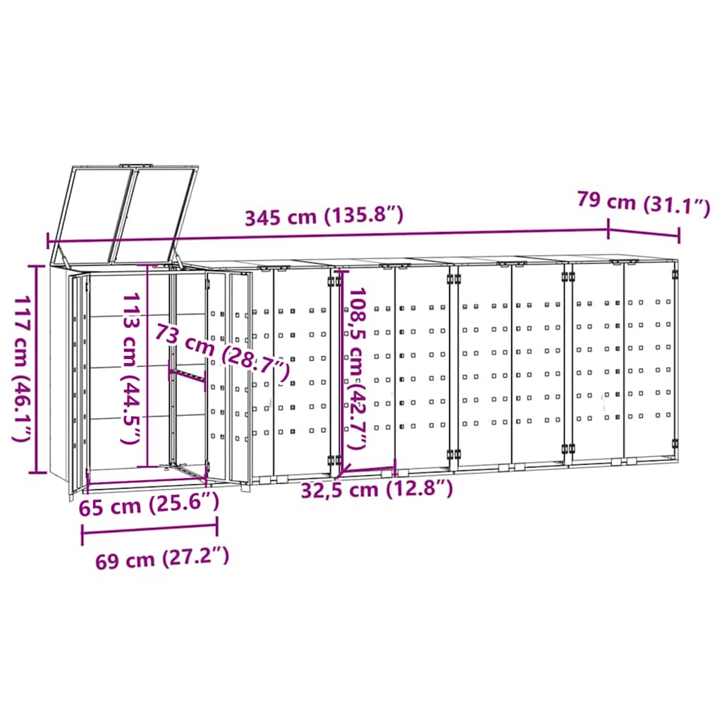 vidaXL Wheelie Bin Storage for 5 Bins Black 345x79x117 cm Steel