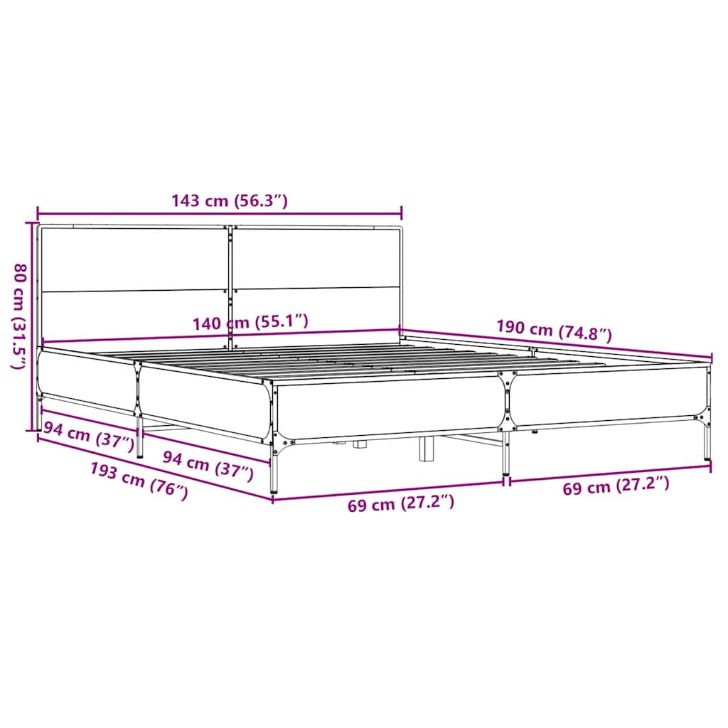 vidaXL Bed Frame without Mattress Grey Sonoma 140x190 cm