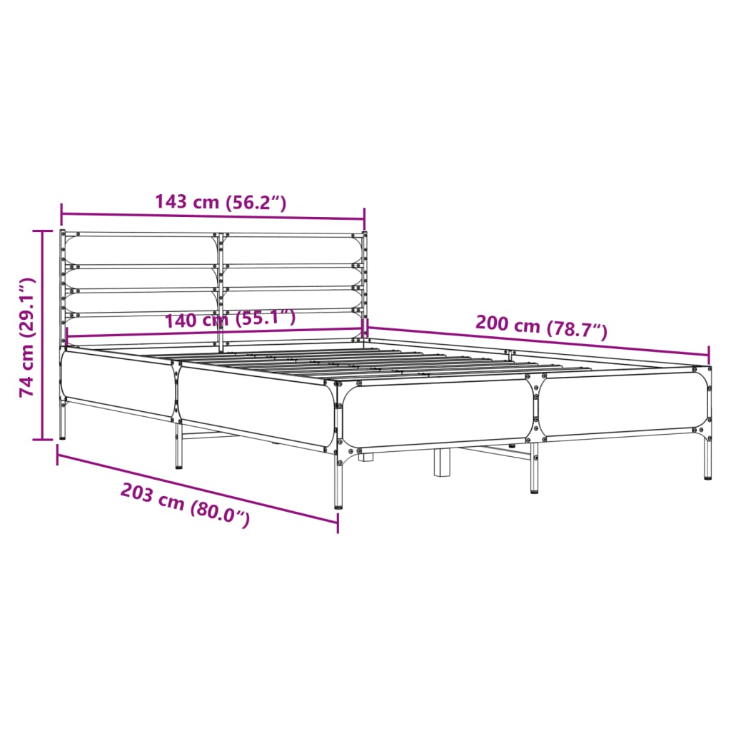 vidaXL Bed Frame | Brown Oak | Engineered wood, Metal | Double | Bed Frame