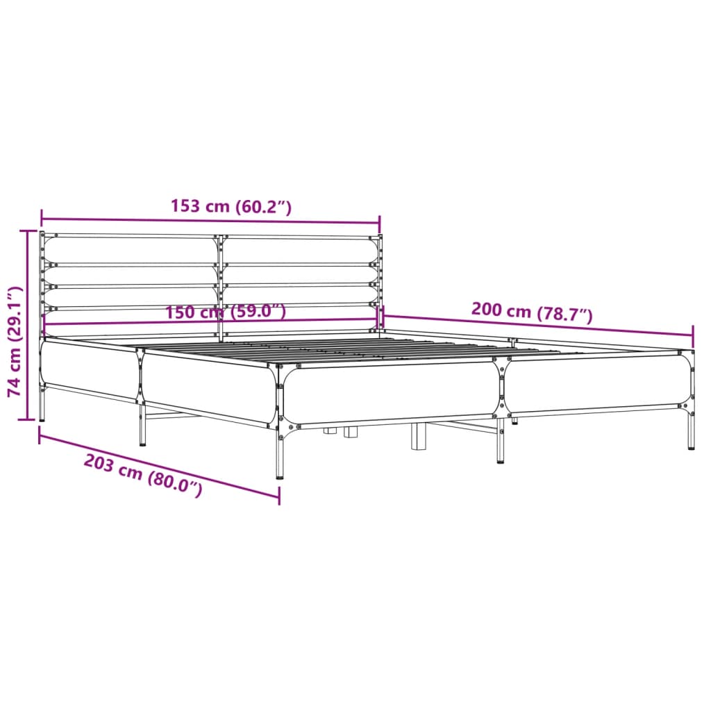 vidaXL Bed Frame | Brown Oak | Engineered wood, Metal | King | Bed Frame