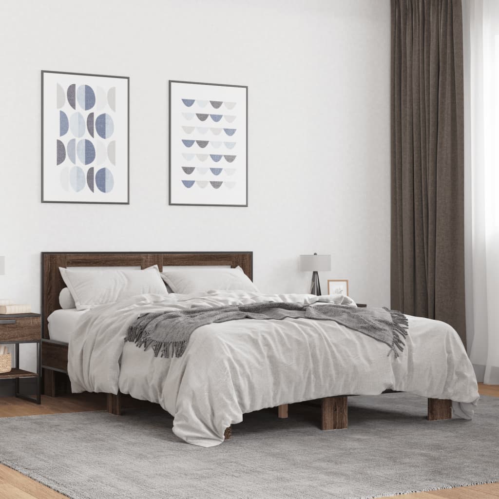 vidaXL Bed Frame | Brown Oak | Engineered wood, Metal | Double | Modern