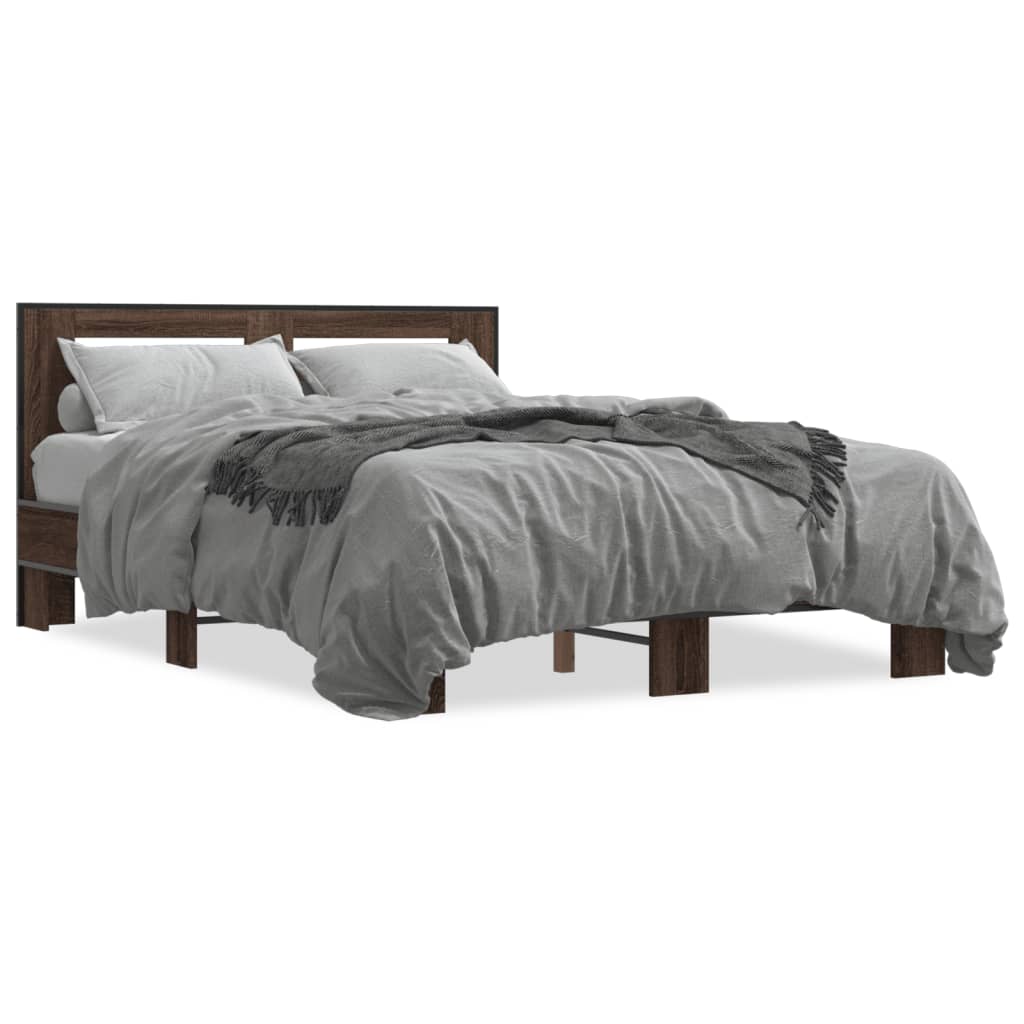 vidaXL Bed Frame | Brown Oak | Engineered Wood, Metal, Plywood | Double | Modern