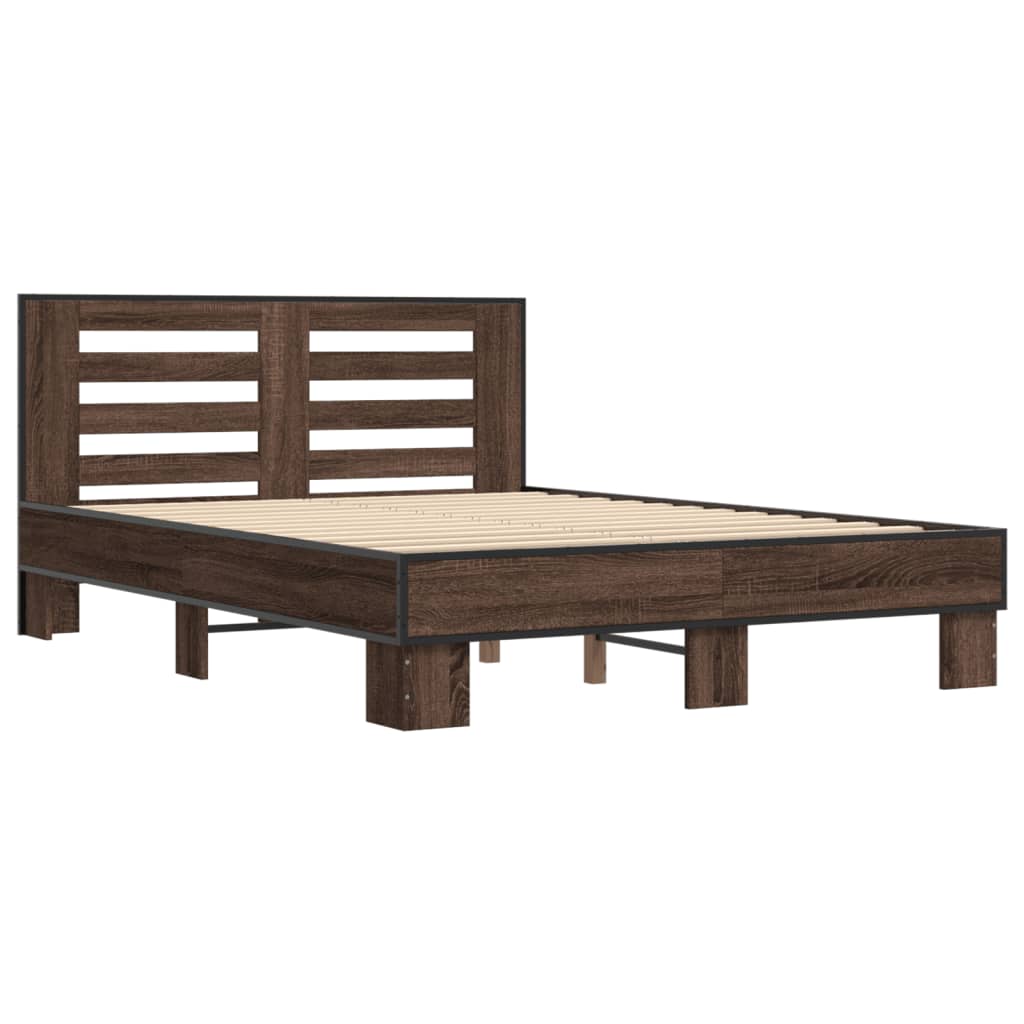 vidaXL Bed Frame | Brown Oak | Engineered Wood, Metal, Plywood | Double | Modern