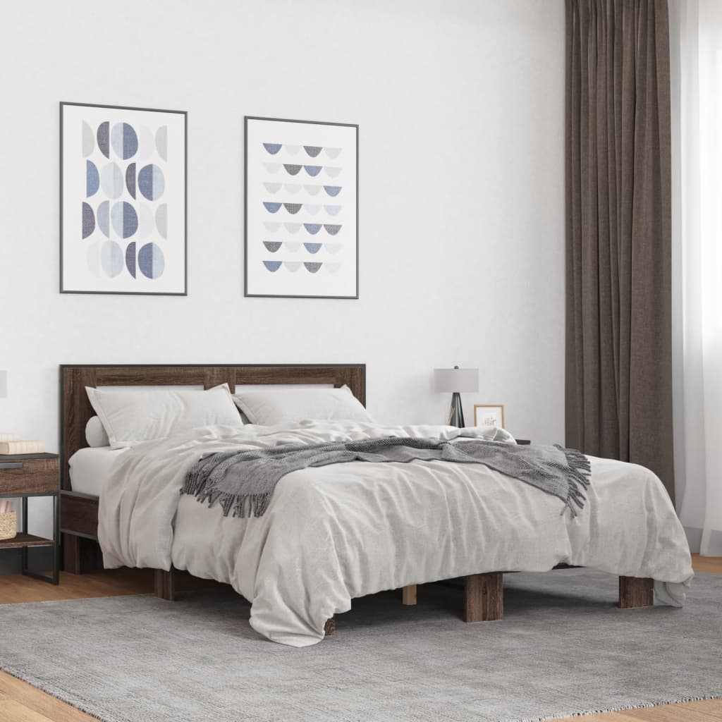 vidaXL Bed Frame | Brown Oak | Engineered Wood, Metal, Plywood | Double | Modern