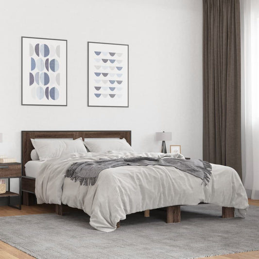 vidaXL Bed Frame | Brown Oak | Engineered Wood, Metal, Plywood | Double | Modern