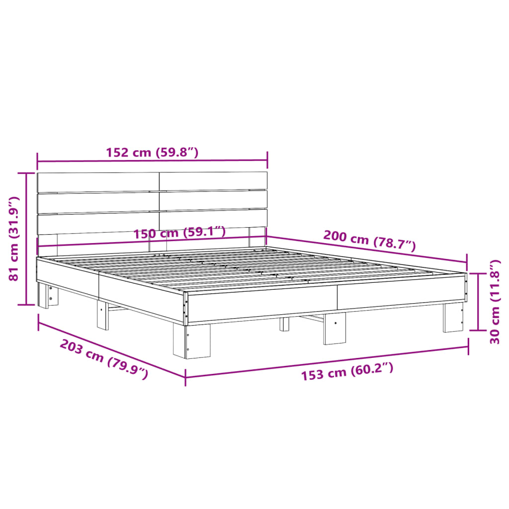 vidaXL Bed Frame without Mattress Grey Sonoma 150x200 cm King Size