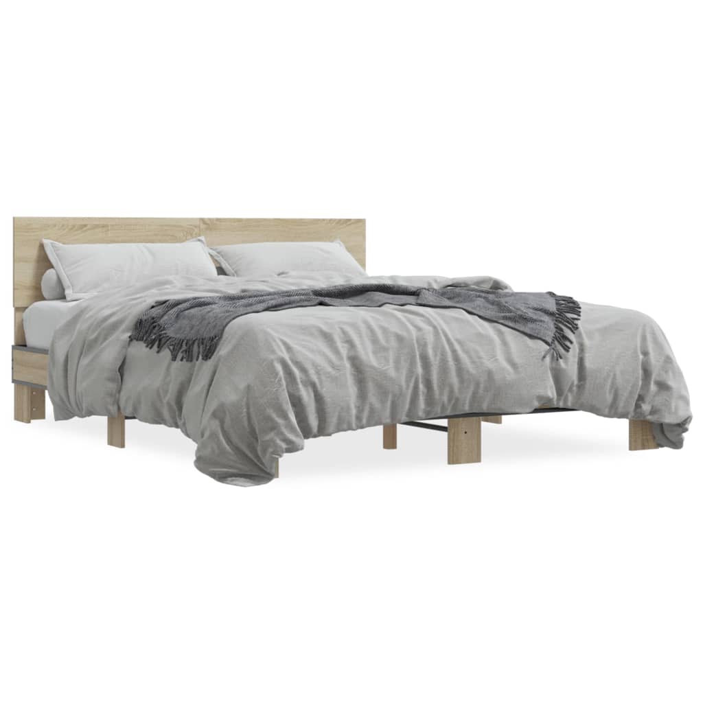vidaXL Bed Frame | Sonoma Oak | Engineered Wood and Metal, Plywood Slats