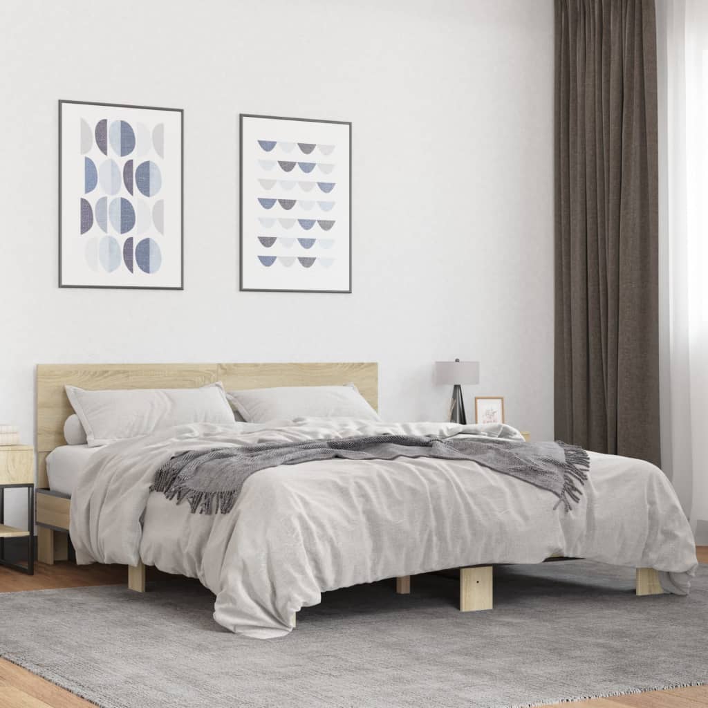 vidaXL Bed Frame | Sonoma Oak | Engineered Wood and Metal, Plywood Slats