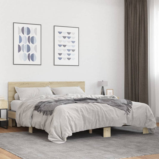 vidaXL Bed Frame | Sonoma Oak | Engineered Wood and Metal, Plywood Slats