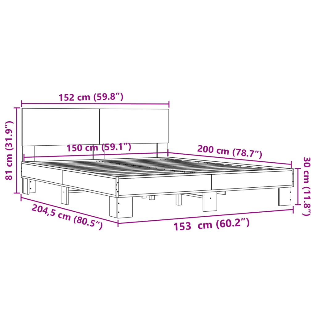 vidaXL Bed Frame | Grey Sonoma |Engineered wood and metal with plywood slats