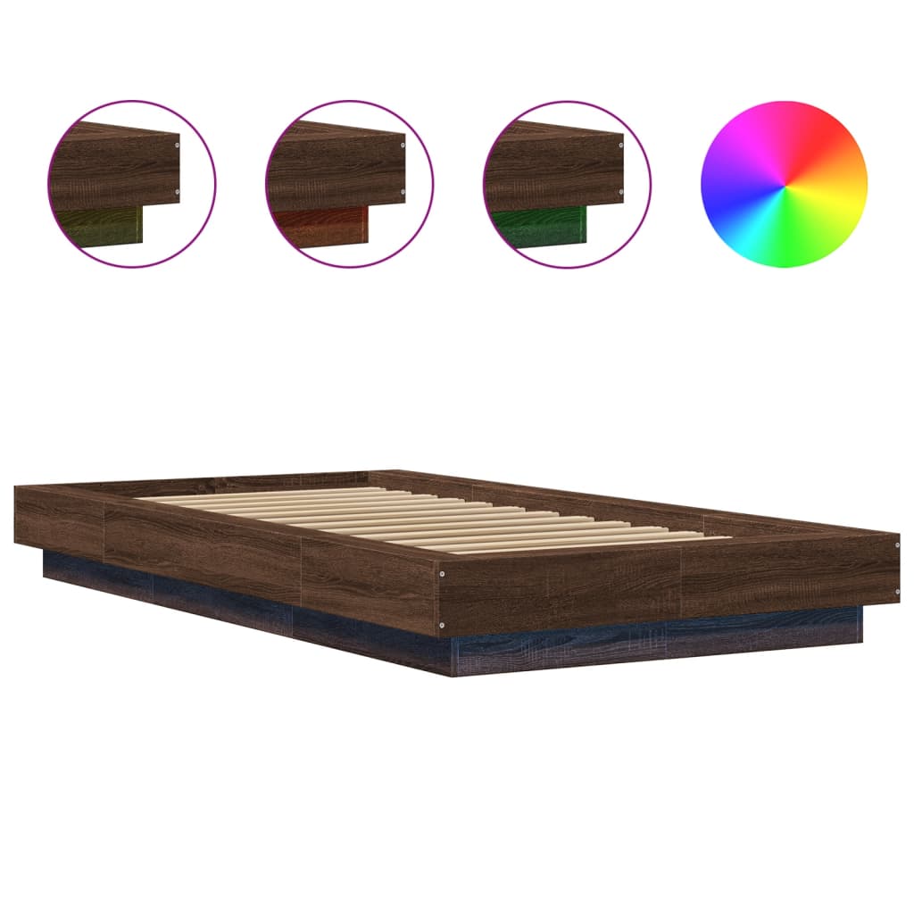 vidaXL Bed Frame with LED Lights without Mattress Brown Oak 75x190cm
