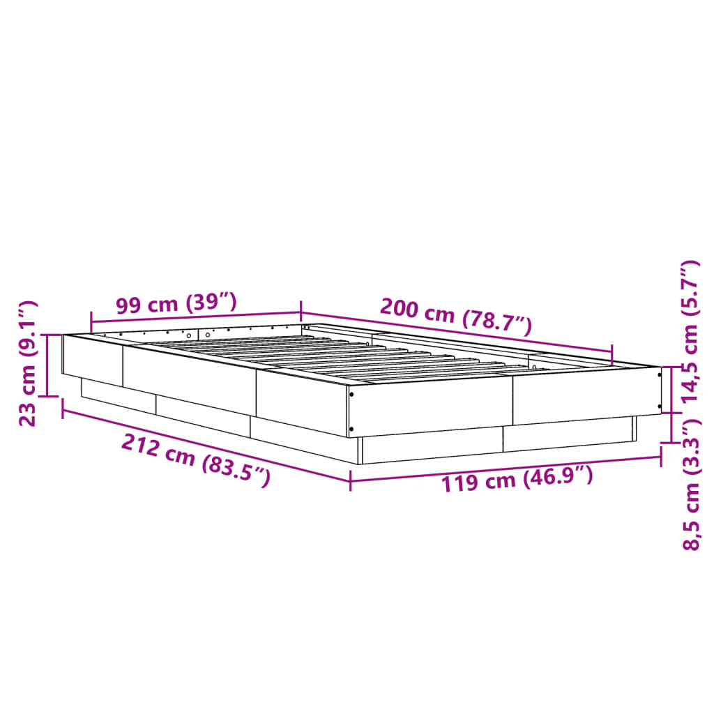 vidaXL Bed Frame without Mattress Concrete Grey 100x200 cm