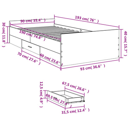 vidaXL Bed Frame with Drawers without Mattress Sonoma Oak 90x190 cm Single