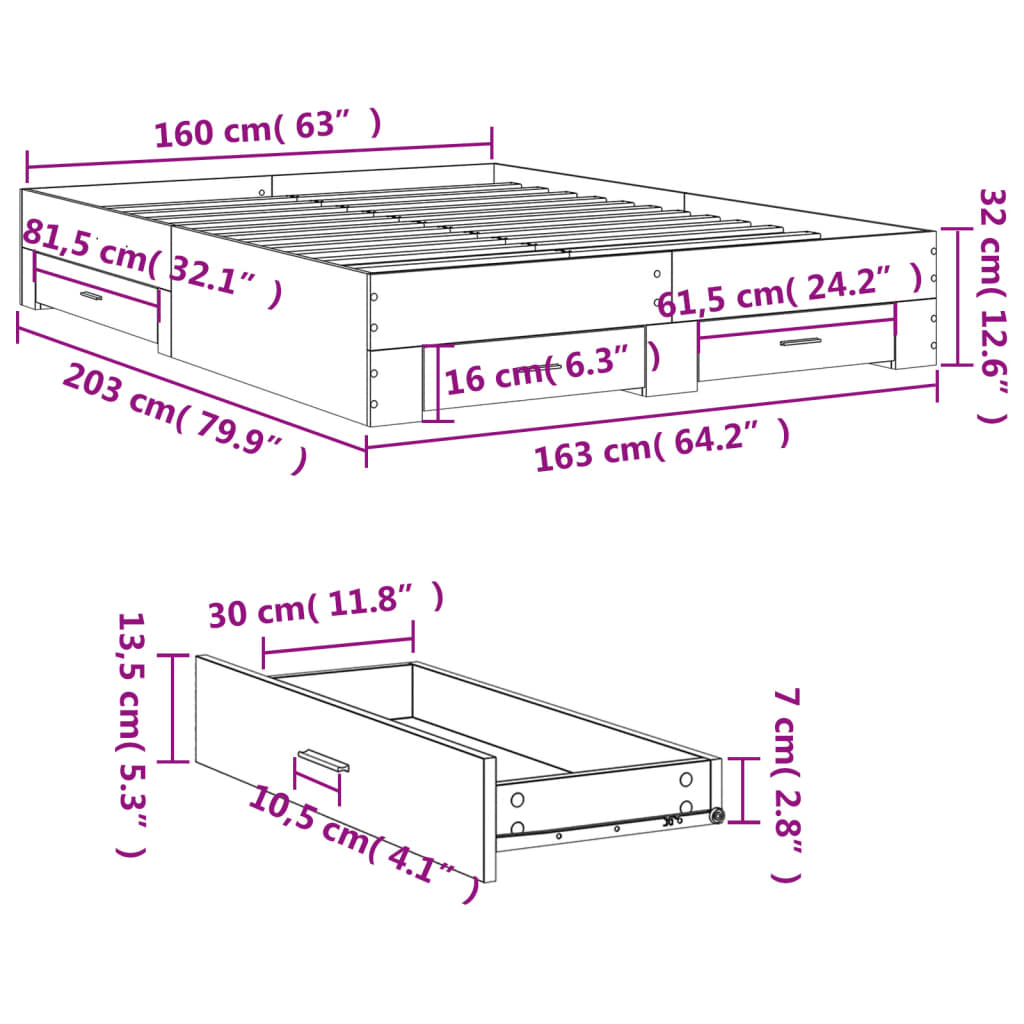 vidaXL Bed Frame with Drawers without Mattress Grey Sonoma 160x200 cm