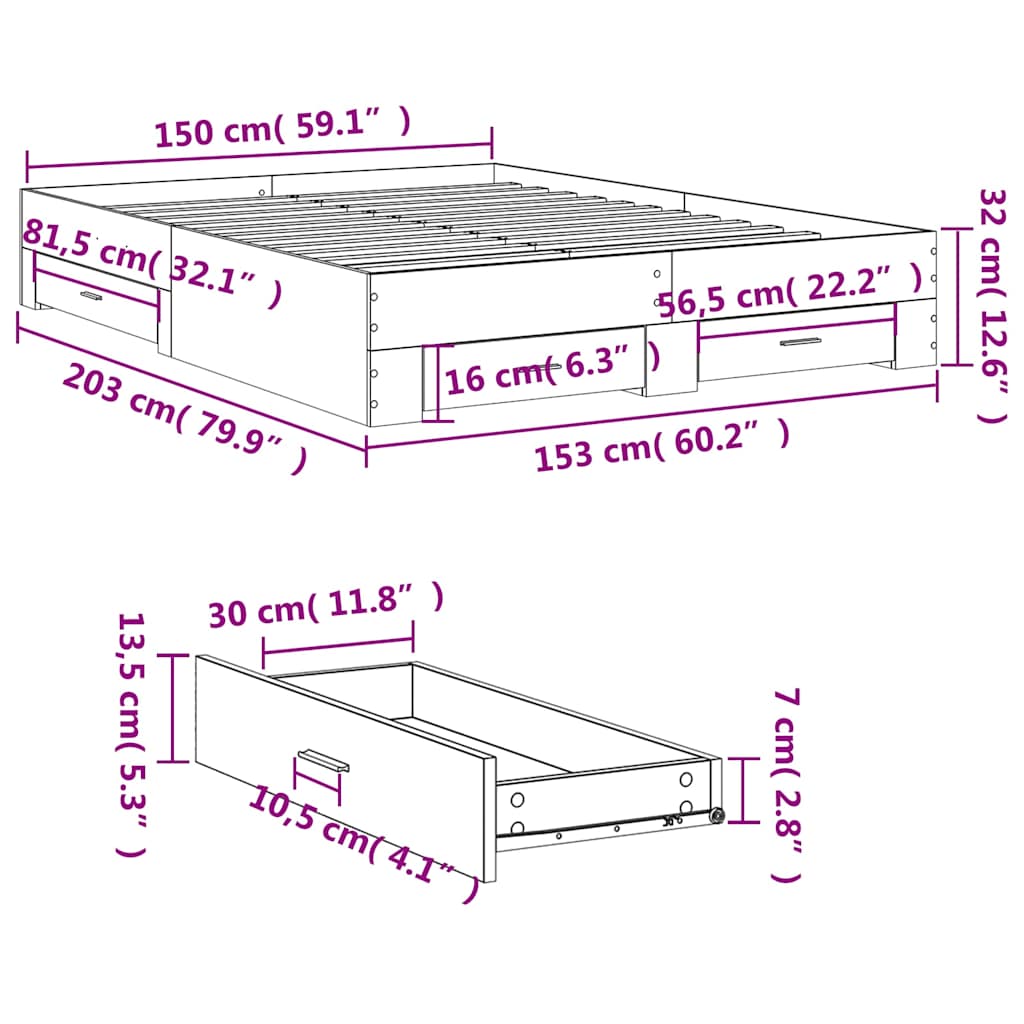 vidaXL Bed Frame with Drawers without Mattress Concrete Grey 150x200 cm King Size