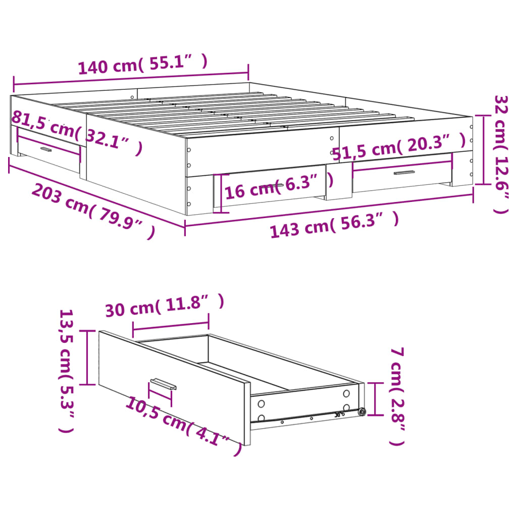 vidaXL Bed Frame with Drawers without Mattress Smoked Oak 140x200 cm