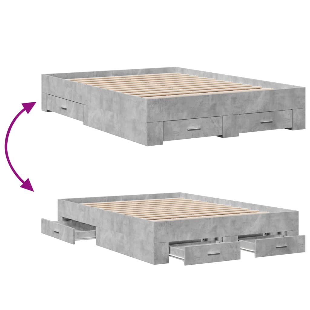 vidaXL Bed Frame with Drawers without Mattress Concrete Grey 140x190 cm