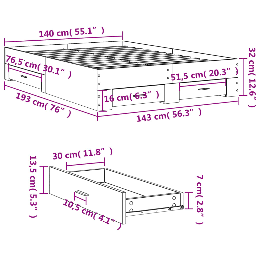 vidaXL Bed Frame with Drawers without Mattress Concrete Grey 140x190 cm