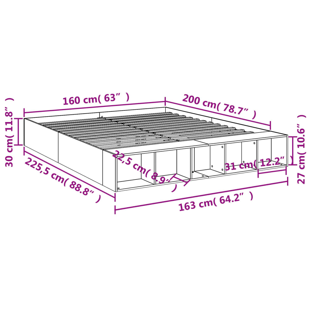vidaXL Bed Frame without Mattress Concrete Grey 160x200 cm