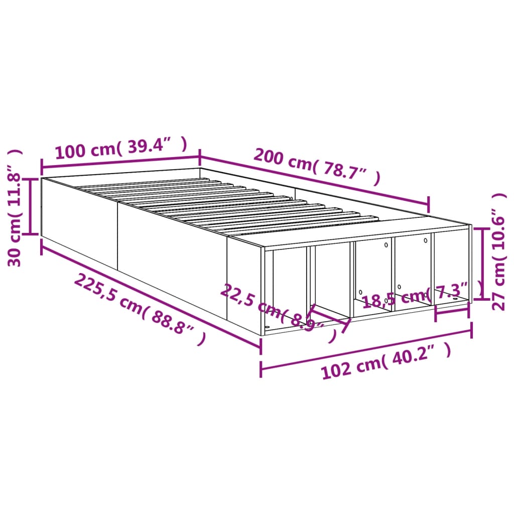 vidaXL Bed Frame without Mattress Concrete Grey 100x200 cm