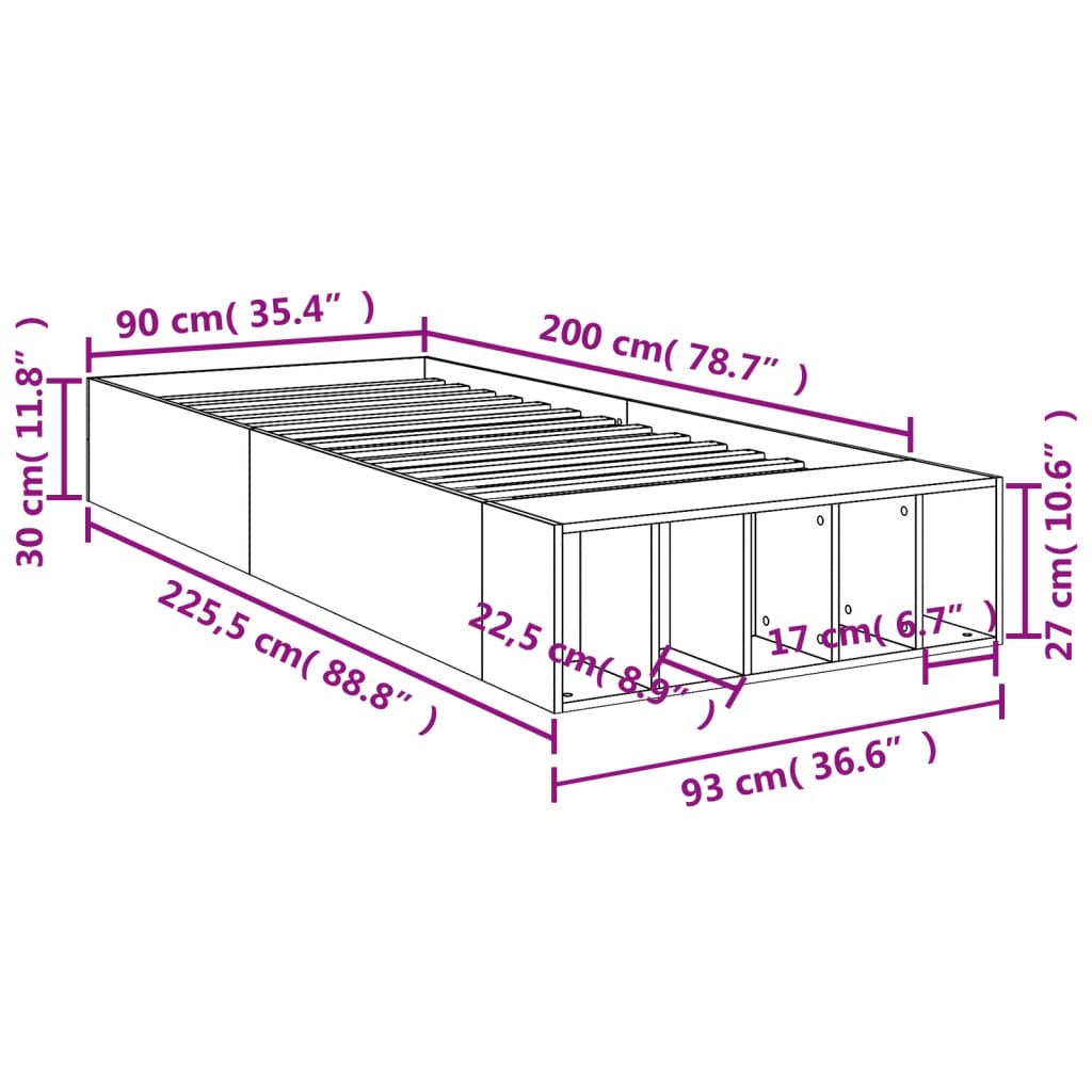 vidaXL Bed Frame without Mattress Grey Sonoma 90x200 cm