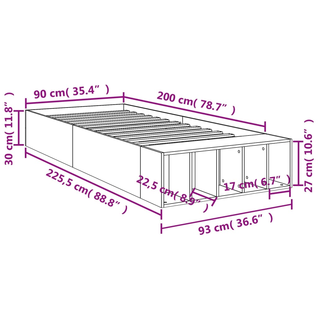 vidaXL Bed Frame without Mattress Brown Oak 90x200 cm
