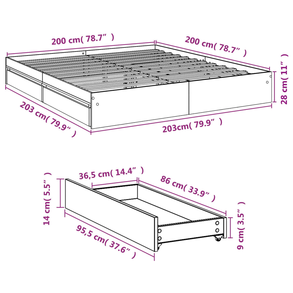 vidaXL Bed Frame with Drawers without Mattress White 200x200 cm