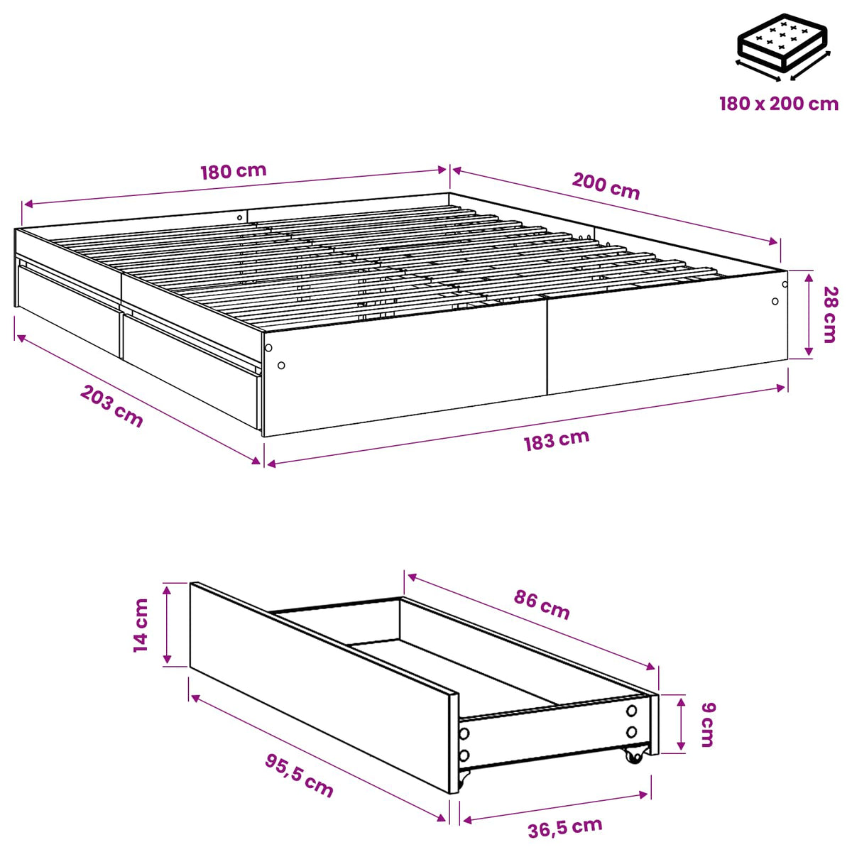 vidaXL Bed Frame with Drawers without Mattress Smoked Oak 180x200 cm