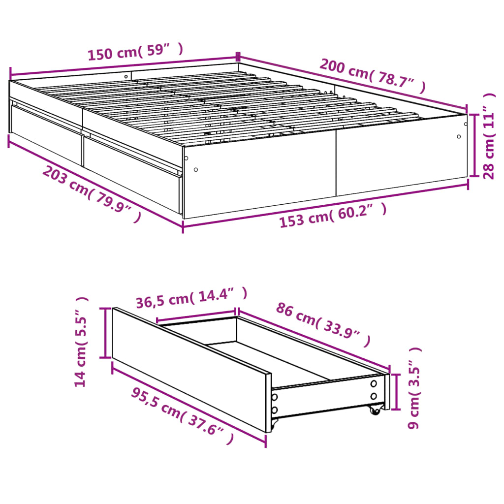 vidaXL Bed Frame with Drawers without Mattress Concrete Grey 150x200 cm King Size