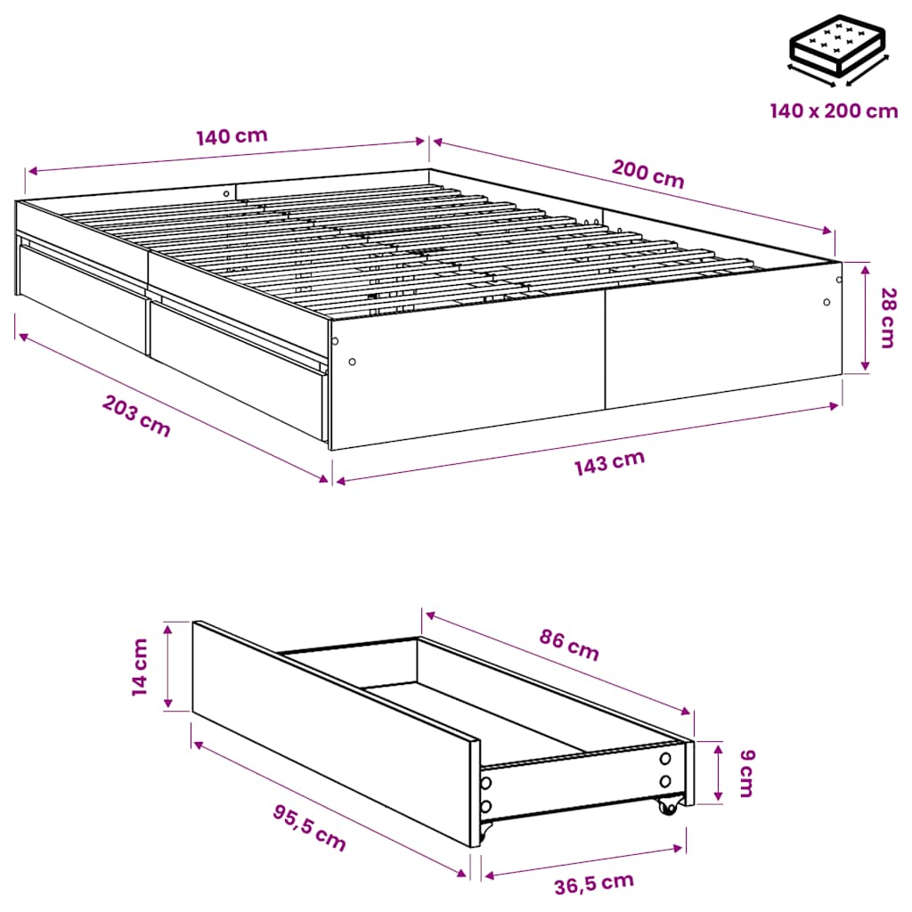 vidaXL Bed Frame with Drawers without Mattress White 140x200 cm