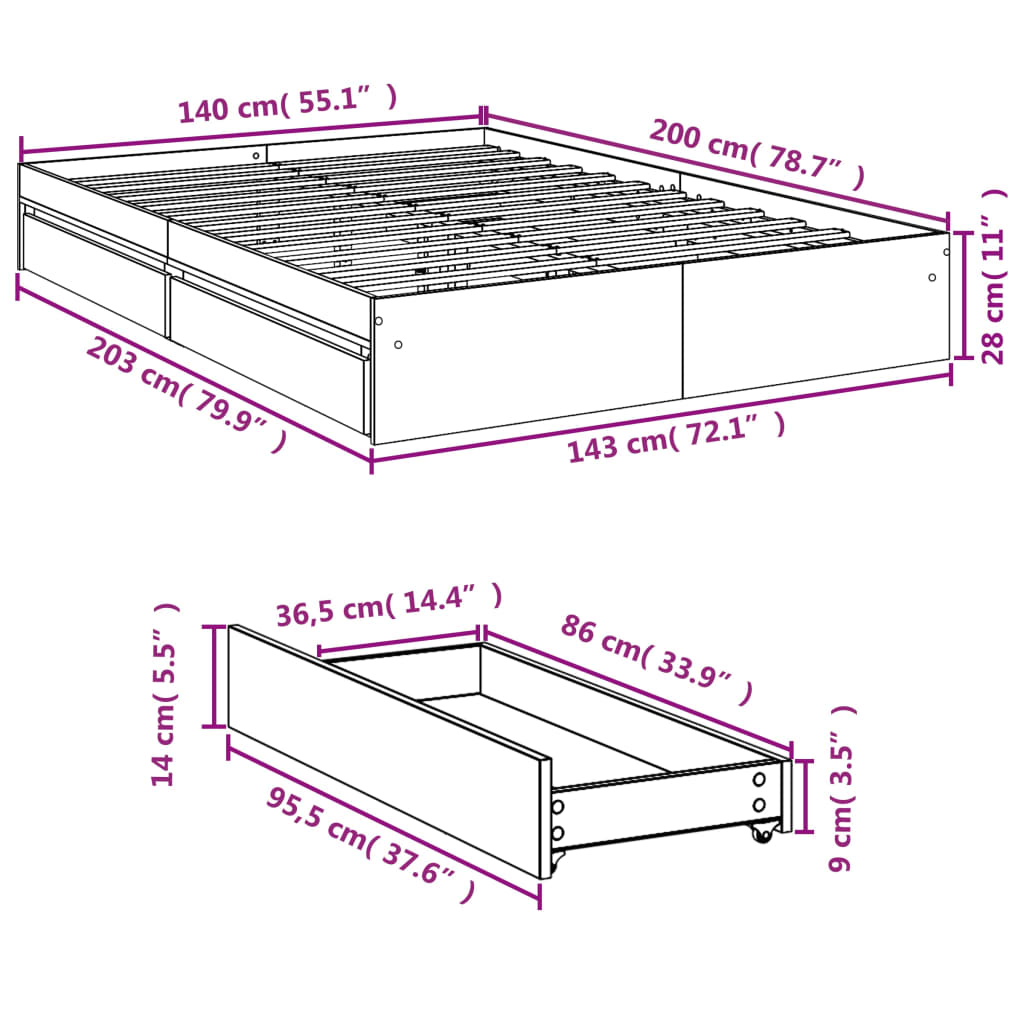 vidaXL Bed Frame with Drawers without Mattress Grey Sonoma 140x200 cm
