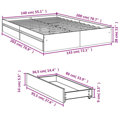 vidaXL Bed Frame with Drawers without Mattress Grey Sonoma 140x200 cm