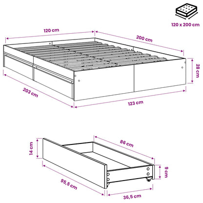 vidaXL Bed Frame with Drawers without Mattress Concrete Grey 120x200cm